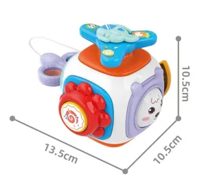 Detailed view of the baby busy cube toy dimensions and multi-sided interactive learning features.