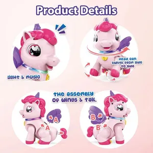 Electronic unicorn robot toy with lights, music, swivel head, and detachable wings.