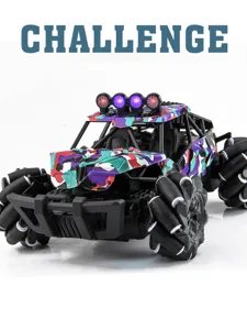 Remote control stunt car with four wheel drive and colorful camouflage body for kids outdoor play.