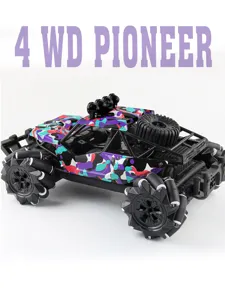 Detail view of 4WD stunt RC drift car with colorful camo body and special omni wheels.