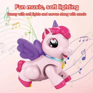 Electric unicorn walking dancing toy with soft music and colorful lighting effects for kids.