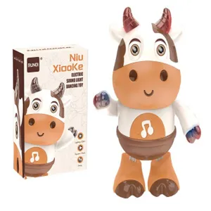 Children electric cartoon cow dancing robot toy with colorful lights and music for kids play.