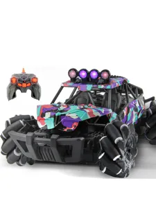Detailed view of 2.4G 4WD RC stunt car with colorful camouflage body and remote control.