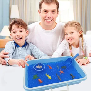 Detailed view of DIY water beads ocean toys set with blue tray and animal figures for kids play.