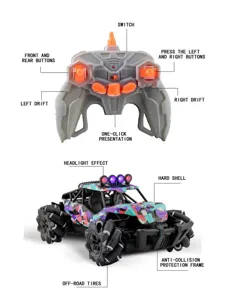 Children RC stunt car with remote control, 4WD off-road vehicle with colorful shell and lights.