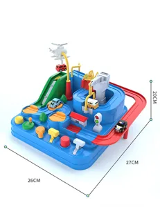 Children's mini car adventure track toy with multiple parking slots and interactive buttons.
