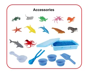 Children's ocean animal toy set with water beads, sensory bin, and fishing accessories.