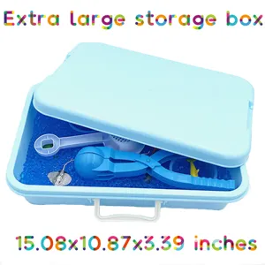 Detail view of the extra large storage box with ocean toys and water beads inside.