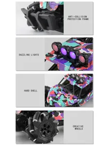 RC stunt car with camouflage shell, dazzle lights, and multi-directional wheels for kids.