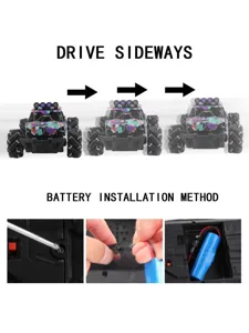 RC stunt car detail showing sideways driving mode and battery installation instruction steps.