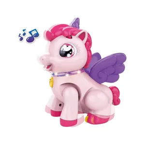 Electronic walking dancing unicorn toy with colorful lights and music for kids and toddlers.