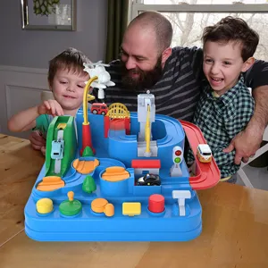 Children car adventure track toy set with multiple buttons and mini cars for kids play.