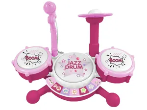 Pink kids toy drum set detail, close up view of music buttons, microphone and mini cymbals.