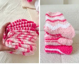Coral fleece fuzzy socks for women, pink stripe winter warm floor socks for home sleeping.