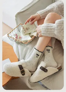 Sweet lace bow mid-calf socks with colorful dots, stylish and cozy women hosiery for daily wear.