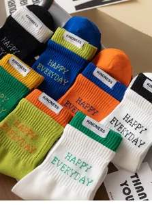 Men's colorful cotton sports mid-tube socks with side labels and embroidered stylish text.