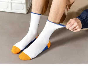 Gedetailleerd overzicht van heren streetwear sokken met contrastkleur teen en hiel.