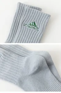 Grey ribbed cotton mid-calf socks for men featuring mountain embroidery streetwearwear