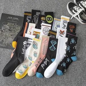 Unisex Cotton Crew Socks Casual Sports Skateboard Long Socks With Cartoon Robot Pattern Letter Print Fashion Hosiery