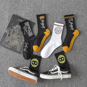 Street style cotton mid-tube socks for men and women, featuring cool robot prints and casual skateboard design.