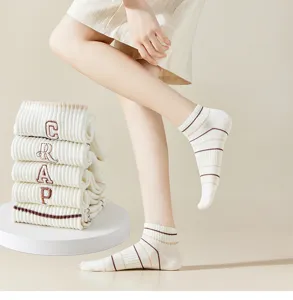 Detailed view of breathable cotton short socks with cute letter embroidery and stripes design for daily wear.