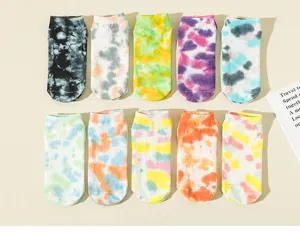 Tie-dye short socks detailed view, colorful cotton boat socks displaying multi-color patterns.
