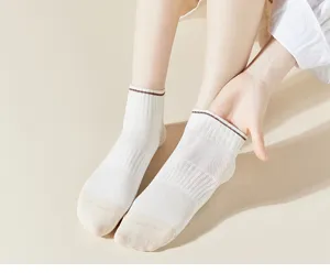Women breathable mesh short socks cute white ankle socks with brown stripe summer casual daily wear