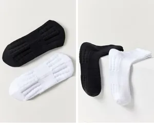 Detailed view of athletic towel bottom socks in black and white colors, soft and comfy.