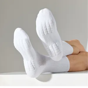 Men's white athletic crew socks with cushioned towel bottom detail view for comfortable sports wear.