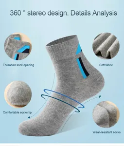 Detailed view of grey cotton athletic crew sock with blue stripes, soft fabric and durable toe.