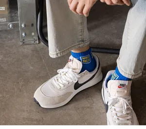 Men's blue cotton short socks featuring stylish letter prints, comfortable low-cut athletic style.