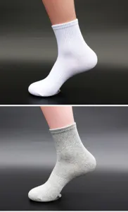 Detailed view of men's plain crew socks in white and grey, showing rib-knit cuff and fit.