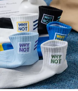 Detail shot of men's casual short socks featuring stylish "WHY NOT" embroidered cuffs and vibrant colors.