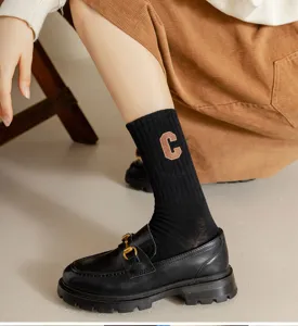 Women autumn black mid-tube cotton socks with C letter embroidery and stylish loafers footwear
