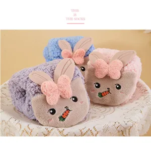 Cute fluffy rabbit cartoon winter warm home sleeping socks detail view soft fleece floor socks