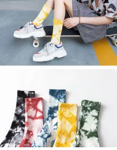Tie-dye crew socks featuring vibrant colorful patterns, soft fabric for street skateboard style.