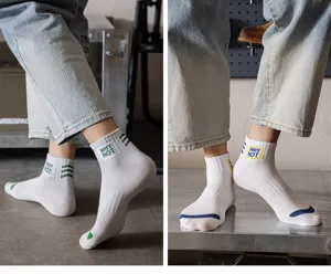 Men's white athletic short socks featuring WHY NOT text and contrast color stripes detail.