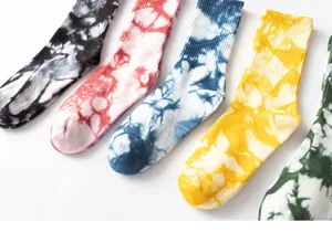 Tie-dye crew socks showcasing colorful street style and unique patterns for daily wear and sports.