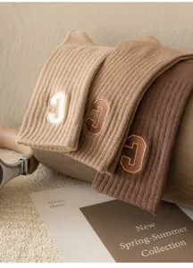 Ribbed knit cotton women crew socks with letter embroidery, comfortable casual long socks.