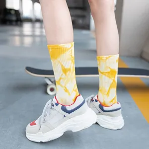 Trendy yellow tie-dye mid-calf socks for street style skateboard unisex casual wear