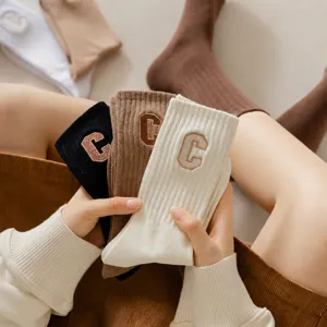 Women's Fall Winter Cotton Mid Tube Socks Casual Sports Letter Embroidered Fashion Crew Socks