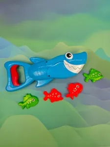 Kids shark grabber bath toy set with colorful small fish for water play and fun bath time.