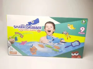 Shark grabber bath toy set detail showcasing fishing game accessories and packaging.