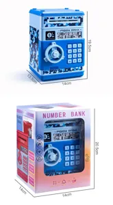 Mini electronic piggy bank ATM cash safe box toy with password lock and auto paper money scroll.