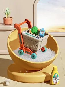 Detailed view of the kids shopping cart kitchen toy set with mini play food and accessories.