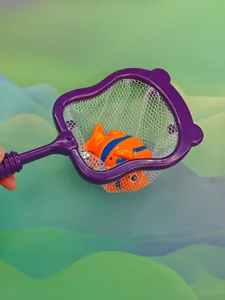 Children bath water play toy set fishing net with cute orange fish for summer fun and pool time.