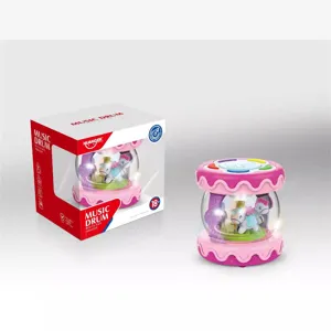 Baby musical hand drum toy with lights and rotating cartoon horses for early childhood education.