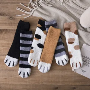Winter Warm Coral Fleece Sleeping Socks For Women Cute Cat Claw Floor Socks Thickened Soft Indoor Home Sleep Socks