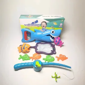 Shark grabber bath toy set for kids water play fishing game with net and colorful fish toys