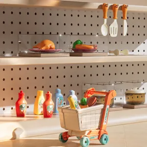 2-in-1 kids shopping cart kitchen toy set, pretend play cooking food toys for kids.